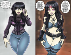  absurdres before_and_after black_hair cleavage crossover death_note female_only femsub glowing glowing_eyes happy_trance jeans jojo&#039;s_bizarre_adventure large_lips long_hair maledom milf naomi_misora smile standing text zorro-zero 