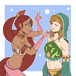 androgynous androgynous_sub bare_shoulders blonde_hair chin_hold dark_skin dazed efalabrino eye_roll femboy femdom gerudo heavy_eyelids hypnotic_hands light_skin link long_hair malesub midriff nabooru nintendo ponytail red_hair smile the_legend_of_zelda
