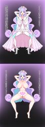 absurdres arms_above_head before_and_after breasts censored clothed dialogue female_only femsub heart heart_eyes heart_tattoo instant_loss kure_puru long_hair niko_(precure) nipples nude pink_hair precure pussy simple_background solo spread_legs symbol_in_eyes tattoo text translation_request wonderful_precure