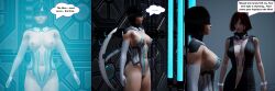 3d absurdres black_hair bottomless breasts ceaun5x5 femdom femsub forced_employee glowing original short_hair smile tech_control text topless