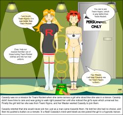 blonde_hair cassidy dialogue empty_eyes femsub large_breasts nabs001 nintendo orange_hair pokemon team_hypno team_rocket text zoey_(pokemon)