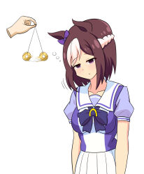  absurdres animal_ears breasts clothed deepwater empty_eyes femsub hair_ornament hair_ribbon horse_girl limp multicolored_hair open_mouth pendulum purple_eyes ribbon school_uniform simple_background smile special_week tongue uma_musume white_background 