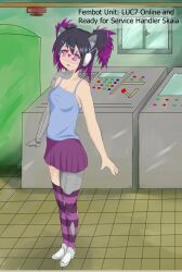 antenna black_hair cat_ears empty_eyes femsub gojulas happy_trance heart lucy_demonia multicolored_hair open_mouth original purple_hair skirt standing standing_at_attention tech_control text thighhighs visor