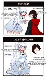  absurdres before_and_after black_hair blue_eyes blush breasts cleavage comic dialogue elphy empty_eyes female_only femdom femsub grey_eyes guilegaze_(manipper) happy_trance long_hair manip multiple_girls necklace ponytail red_hair ruby_rose rwby short_hair small_breasts text weiss_schnee white_hair yuri 