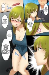  absurdres age_difference altered_common_sense asakura_nao before_and_after breasts chief_tamura cleavage comic dialogue drool empty_eyes femsub glasses green_eyes green_hair hard_translated huge_breasts humor hyoushiki_seal long_hair maledom office_lady open_mouth rbooks speech_bubble text thought_bubble tongue tongue_out translated unaware 