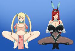  absurdres barefoot blonde_hair blush breasts bunny_ears bunny_girl bunnysuit cleavage erza_scarlet fairy_tail fake_animal_ears feet female_only femsub happy_trance harem_outfit high_heels large_breasts lip_biting long_hair lucy_heartfilia red_eyes red_hair smile squatting vevymani 