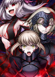  armor breasts corruption dark_sakura fate/grand_order fate/stay_night fate_(series) female_only femdom femsub jeanne_alter jeanne_d&#039;arc_(fate) large_breasts long_hair mitten open_mouth red_eyes saber_alter sakura_matou short_hair white_hair yellow_eyes 