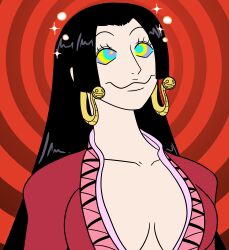  absurdres black_hair boa_hancock bubble cleavage clothed collarbone earrings femsub happy_trance kaa_eyes large_breasts long_hair maggotmike one_piece smile sparkle spiral_background 