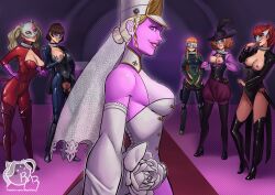 ann_takamaki breast_grab breasts breasts_outside clothed_exposure femdom femsub futaba_sakura groping haru_okumura looking_at_viewer makoto_niijima marie_anto mask persona_(series) persona_5 persona_5_tactica purple_skin razillion smile sumire_yoshizawa wedding_dress