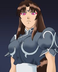 blue_background brown_hair capcom chun-li chunlimc expressionless eyeshadow femsub gradient_background long_hair looking_at_viewer makeup microchip pink_eyes simple_background standing street_fighter street_fighter_ii_v tech_control