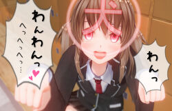  3d control_indicator dog_pose drool pet_play pose_(artist) red_eyes school_uniform text translated twintails 