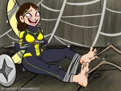 barefoot bondage breasts feet female_only femsub happy_trance hope_van_dyne kimberco large_breasts laughing marvel_comics open_mouth smile spider spiderweb spiral_eyes super_hero symbol_in_eyes tickling wasp
