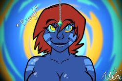 alexander717 blue_skin breasts crystal female_only kaa_eyes kassidy_(medrifogmatio) large_breasts original ping red_hair solo text
