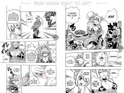  aware bikini_top blonde_hair bondage breasts choker coils comic dialogue fairy_tail femdom femsub greyscale large_breasts lisanna_strauss lucy_heartfilia monochrome monster_girl naga_girl official resisting right_to_left scales short_hair snake_girl text white_hair 