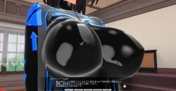  3d azur_lane baltimore_(azur_lane) black_hair bodysuit breasts custom_maid_3d_2 cyber-sexaroid_(dndniwana3s) dialogue erect_nipples erect_nipples_under_clothes female_only femsub hidoi_koto_suru_man huge_breasts japanese_text latex rubber short_hair solo standing standing_at_attention text 