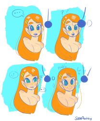  before_and_after blue_eyes breasts cleavage confused female_only femsub freckles hair_ornament morgan_(soooaudrey) open_mouth original pendulum ping red_hair signature simple_background sketch smile soooaudrey speech_bubble spiral spiral_eyes symbol_in_eyes 