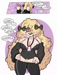  afro armpit_hair armpits ass ass_expansion blonde_hair blush bow breast_expansion breasts cleavage coupytf cynthia_(pokemon) dialogue femsub freckles glasses happy_trance instant_loss long_hair nerd nerdification nintendo pink_eyes pokemon pokemon_diamond_pearl_and_platinum pubic_hair smile sweat text transformation undressing 