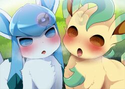  animals_only blue_eyes blush brown_eyes dagasi drool expressionless femsub furry glaceon leafeon multiple_girls multiple_subs nintendo open_mouth pendulum pokemon pokemon_(creature) sweat tail 