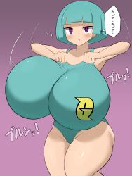 blue_hair blush bouncing_breasts breasts expressionless huge_breasts jaga leotard mochi_dance nintendo open_mouth pokemon pokemon_diamond_pearl_and_platinum purple_eyes short_hair swimsuit team_galactic team_galactic_grunt