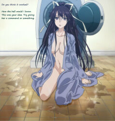 a_certain_magical_index black_hair breasts empty_eyes femsub humor kanzaki_kaori kneeling large_breasts long_hair manip muddle_(manipper) open_clothes ribbon robe screenshot text water wet_clothes