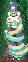  absurdres asphyxiation bare_breasts bare_shoulders blue_hair blush breasts coils complex_background femsub flower flower_in_hair hanging_down happy_trance huge_breasts kaa_eyes konan nail_polish naruto_(series) nipple_piercing nipples outdoors plant restrained short_hair smile tiptoes toenail_polish xelliel 