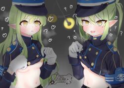 almond_1zm blue_archive blush coin confused earrings elf_ears eyebrows_visible_through_hair eyelashes femsub flat_chest gloves green_hair hat heart hikari_(blue_archive) long_hair midriff military_hat military_uniform multiple_girls multiple_subs nozomi_(blue_archive) open_mouth pendulum ponytail simple_background spiral_eyes standing sweat undressing watermark yellow_eyes