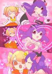 absurdres avaritia bare_shoulders blush bow bqad28 charm_(spell) closed_eyes clothed comic demon demon_girl dress earrings empty_eyes eyebrows_visible_through_hair female_only femdom femsub fingerless_gloves gloves hair_band hair_ornament heart horns hypnotic_beam hypnotic_kiss hypnotic_magic kissing loli magic multiple_girls one_eye_open open_mouth opera_gloves orange_eyes orange_hair otocadoll pink_background pink_eyes purple_hair short_hair simple_background smile sparkle spiral_eyes succubus sunny_(otocadoll) sweat symbol_in_eyes tail trembling twintails wholesome wings wink yuri