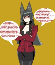  altered_common_sense alternate_costume black_hair clothed corporatification corruption crossed_arms dialogue earrings enemy_conversion english_text eyeshadow female_only femsub hoshimi_miyabi jewelry lipstick long_hair makeup miragesand office_lady orange_eyes red_lipstick simple_background speech_bubble text yellow_background zenless_zone_zero 