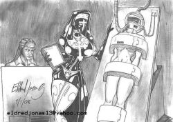 bodysuit bondage boots bottomless breasts dr._jonas empty_eyes femsub greyscale huge_breasts latex long_hair maledom monochrome nude nun operating_table original sister_mary_superior tech_control the_evil_dr._jonas thigh_boots thighhighs topless traditional