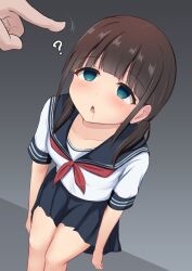  blue_eyes blush brown_hair confused drool empty_eyes expressionless femsub finger_snap gradient_background grey_background haruduki maledom open_mouth pov pov_dom school_uniform simple_background small_breasts standing standing_at_attention straight-cut_bangs twintails 