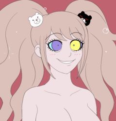  animated animated_gif blonde_hair blush bottomless breasts cleavage dangan_ronpa female_only femsub happy_trance junko_enoshima kaa_eyes large_breasts nude plsgts smile solo topless twintails 