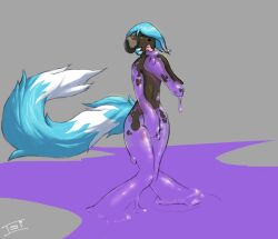 androgynous androgynous_sub bare_legs blue_hair bottomless furry goo_boy issitop knees_together nude open_mouth original slime tongue tongue_out topless transformation transgender