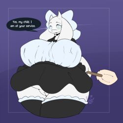 bottomless breasts dialogue female_only femsub furry goat_girl horns huge_breasts kaa_eyes maid maynara milf pussy solo text toriel_dreemurr undertale