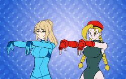 blonde_hair blue_eyes bodysuit braid cammy_white capcom clothed empty_eyes expressionless female_only femsub gloves hat katsiika metroid_(series) multiple_girls multiple_subs navel nintendo ponytail samus_aran simple_background street_fighter zombie_walk