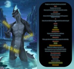  abs balls blue_eyes bottomless caption claws dialogue erection flesh_(manipper) furry grey_skin lizard_boy looking_at_viewer lynncore male_only maledom manip mantra muscle_boy navel nude original outdoors penis pov pov_sub solo standing tagme tail text topless water wet 