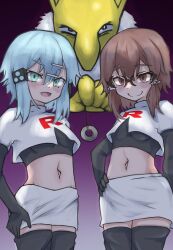  blue_hair blush brown_hair coin cosplay crossover empty_eyes femsub glasses gloves gradient_background green_eyes happy_trance high_heels hypno looking_at_viewer midriff multiple_girls multiple_subs mutuki_conoka navel nintendo open_mouth opera_gloves pendulum pokemon pokemon_red_green_blue_and_yellow purple_background shino_asada short_hair simple_background sinon_(sword_art_online) skirt small_breasts smile standing standing_at_attention sword_art_online team_rocket thigh_boots thighhighs underboob 
