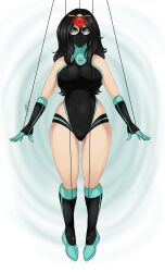 black_hair boots breasts cupcakedrawings dollification femsub gloves human_puppet large_breasts long_hair mask puppet spiral_eyes symbol_in_eyes
