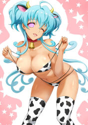  ahoge bare_shoulders bell bell_collar bent_over bikini bikini_bottom bikini_top blue_hair breasts cagliostro_(symphogear) cleavage collar collarbone cow_girl cow_print cowbell fake_animal_ears female_only femsub glowing glowing_eyes happy_trance horns huge_breasts kojirou_(kojiou3) large_hips long_hair looking_at_viewer manip misterman4_(manipper) navel one_eye_open open_mouth senki_zesshou_symphogear smile solo spiral_eyes swimsuit symbol_in_eyes tagme thighhighs tongue twintails undressing wink 