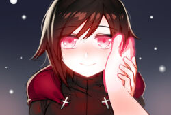 black_hair femsub glowing glowing_eyes hand_on_another&#039;s_cheek happy_trance ndgd red_eyes ruby_rose rwby short_hair smile