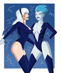 alternate_costume blue_hair breasts cleavage corruption dc_comics female_only femdom femsub glowing glowing_eyes happy_trance large_breasts livewire long_hair polmanning short_hair smile super_hero supergirl superman_(series) western white_hair