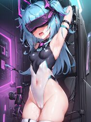  ai_art armpits arms_above_head blue_hair blush cameltoe corruption drool female_only femsub hair_ornament high_heels koimin4_(generator) leotard long_hair navel open_mouth pussy_juice restrained see-through small_breasts solo stable_diffusion_(ai) sweat tech_control thigh_boots thighhighs tongue twintails visor wet wet_clothes 