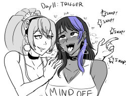 ahegao black_hair blue_eyes breasts character_request choker cleavage collarbone dark_skin earrings eyebrows_visible_through_hair female_only femdom femsub finger_snap hair_band hypnovember majinsfw multicolored_hair open_mouth ponytail purple_hair shirt simple_background smile sweat symbol_in_eyes text tongue_out trigger white_background