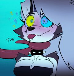  arms_behind_back asphyxiation blue_background blush breasts choker coils dizzybun drool femsub furry gradient_background happy_trance helluva_boss hypnotic_eyes kaa_eyes loona_(helluva_boss) manip ping simple_background smile tongue_out wolf_girl 