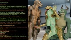 3d altered_perception arden_(thalarynth) aware becca_(thalarynth) breasts caption dialogue femdom furry harry_(thalarynth) humor indifferent lizard_boy malesub manip multiple_boys multiple_subs original scalie sitting_on_lap snake_girl text thalarynth_(manipper) unaware