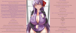  bangs bb_(fate/extra_ccc) blush breasts caption caption_only cleavage collarbone crk_(manipper) dialogue fate_(series) female_only femsub hair_ornament hair_ribbon huge_breasts looking_at_viewer male_pov manip open_mouth panties pov pov_dom purple_eyes purple_hair resisting ribbon simple_background solo standing sweat sweater text underwear undressing undressing_command uo_denim very_long_hair zipper 