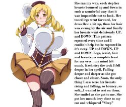 blonde_hair blush breasts caption caption_only drill_hair femdom huge_breasts hypnotic_breasts hypsubject_(manipper) large_breasts looking_at_viewer mami_tomoe manip pov pov_sub puella_magi_madoka_magica skirt smile text thighhighs yellow_eyes