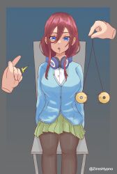  absurdres blue_eyes breasts brown_hair chair clothed coin drool empty_eyes female_only femsub finger_snap headphones large_breasts long_hair looking_at_viewer miku_nakano open_mouth pantyhose pendulum phantom_hand school_uniform simple_background sitting skirt sweater the_quintessential_quintuplets zires 