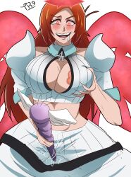  bleach blush breast_grab breasts cleavage cleavage_cutout crotch_rub drool empty_eyes femsub happy_trance large_breasts long_hair open_mouth orange_hair orihime_inoue pepe_waccabrada possession solo traner9 
