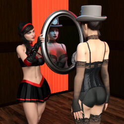  3d amazonarrow ass bare_shoulders black_hair blue_eyes cleavage corset dartgirl_(amazonarrow) daz_studio dazed female_only femdom femsub fingerless_gloves garter_belt garter_straps gloves hat lingerie lipstick mad_milliner_(amazonarrow) midriff mirror navel original skirt smile spiral standing super_hero thighhighs tied_hair western 