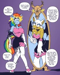  bat_girl bat_wings blue_skin corruption cosplay crossover dialogue eyebrows_visible_through_hair female_only femdom femsub furry gloves glowing_eyes high_heels horse_girl hypnotic_mirror leaning_forward long_hair mirror multicolored_hair my_little_pony open_mouth pegasus pegasus_girl rainbow_dash rainbow_hair resisting rouge_the_bat shishikasama simple_background slime smile sonic_the_hedgehog_(series) speech_bubble standing tail thigh_boots thighhighs twinning wings 